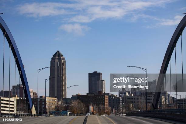 Buildings are seen in the skyline of downtown Des Moines, Iowa, U.S., on Monday, Feb. 3, 2020. Monday's caucuses will determine an official winner in...