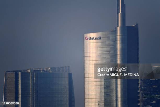 This picture taken on February 3 shows the polluted atmosphere over the Unicredit Tower skyscraper, Italys biggest bank UniCredit's headquarters at...