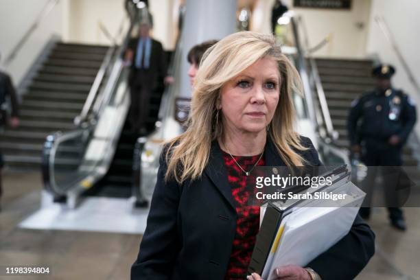 Senator Marsha Blackburn walks to the Senate subway in the U.S. Capitol on February 3, 2020 in Washington, United States. Closing arguments began...