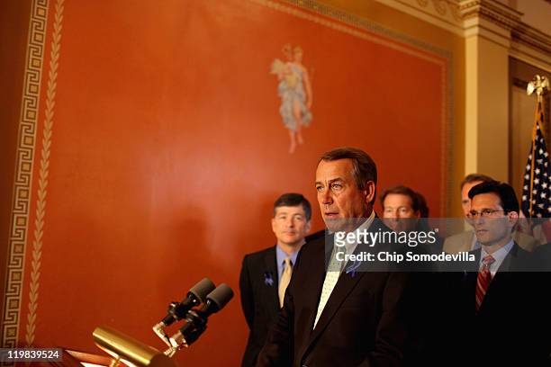 Speaker of the House John Boehner holds a brief news conference outside his office with House GOP Conference Chair Jeb Hensarling and House Majority...