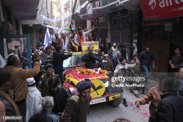 Delhi Chief Minister Arvind Kejriwal along with Deputy Chief Minister Manish Sisodia during a road show campaign for Aam Aadmi Party at Patparganj...