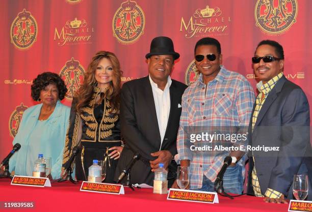 Katherine Jackson and musicians La Toya Jackson, Tito Jackson, Jackie Jackson and Marlon Jackson attend a live press conference announcing Global...