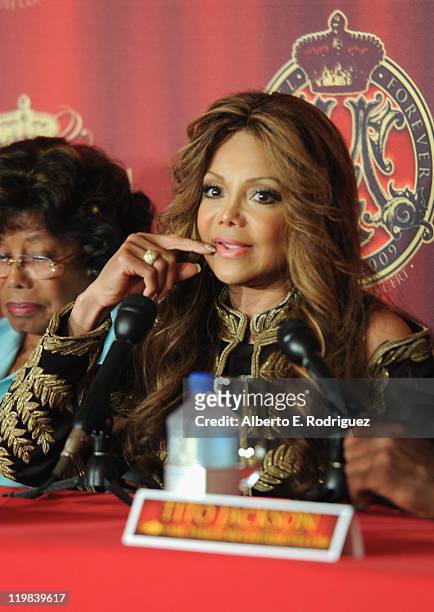 Musician La Toya Jackson attends a live press conference announcing Global Live Evennts' International Historical Trubute Concert honoring the late...