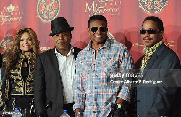 Musicians La Toya Jackson, Tito Jackson, Jackie Jackson and Marlon Jackson attend a live press conference announcing Global Live Events'...