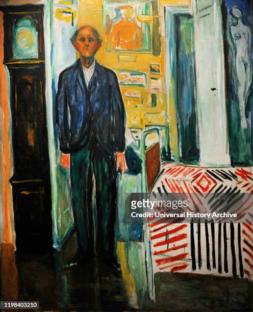 Edvard Munch . Norwegian painter. Self-Portrait between the Clock and the Bed, 1940-1943. Munch Museum, Oslo, Norway.
