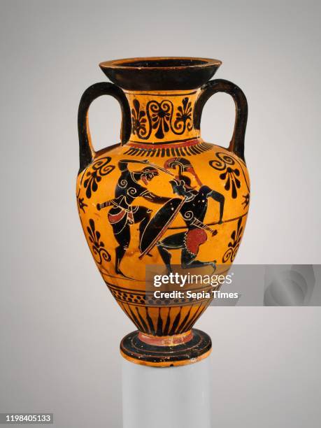 Terracotta neck-amphora , Archaic, ca. 500 B.C. Greek, Attic, Terracotta; black-figure, H. 5 3/4 in. , Vases, Obverse, Theseus and the Minotaur with...