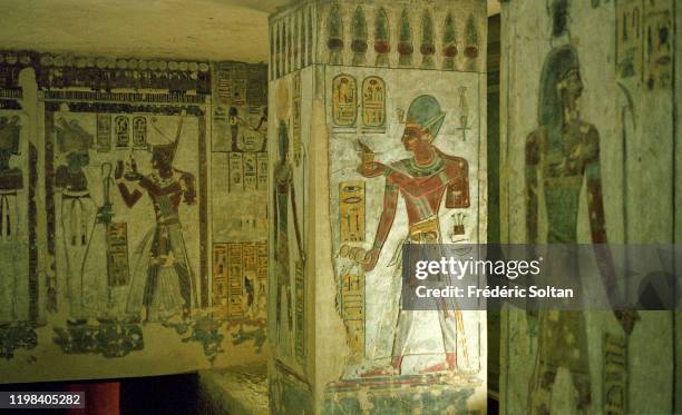 Mortuary Temple of Rameses III. Mural painting inside the tomb of Pharaoh Ramsses III in the Valley of the Kings in Luxor on November 15, 2010 in...