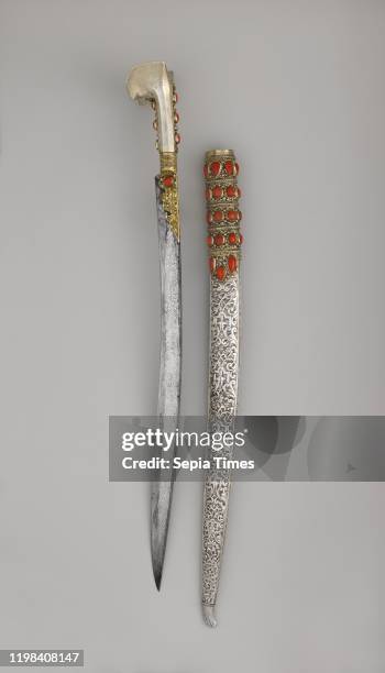 Yatagan with Scabbard, dated 1802-3, Anatolian or Balkan, Steel, silver, gold, coral, L. With scabbard 31 1/8 in. ; L. Without scabbard 29 in. ; L....