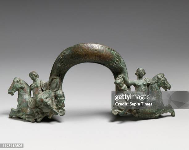 Bronze handle of a shallow basin, Late Classical, 4th century B.C. Greek, Bronze, length 7 3/8in. , Bronzes, The attachments at each end of the...