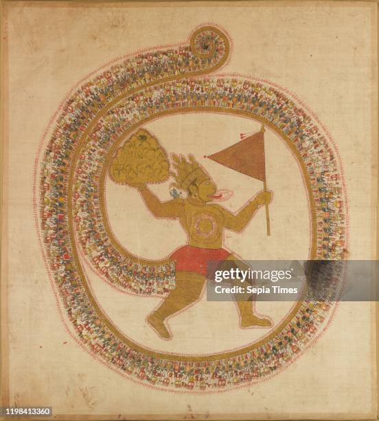 Hanuman Bearing the Mountaintop with Medicinal Herbs, ca. 1800, India , Ink and opaque watercolor on cloth, Overall: 51 1/4 x 45 3/4 in. , Paintings,...