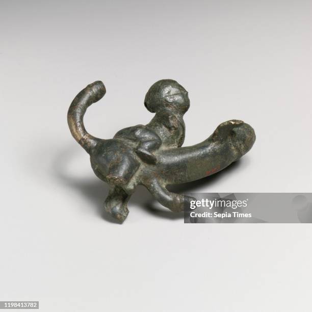 Bronze phallic ornament, Imperial, 1st century A.D. Roman, Bronze, L. 4 1/16 in. , Bronzes, This ornament probably hung as a charm from a...