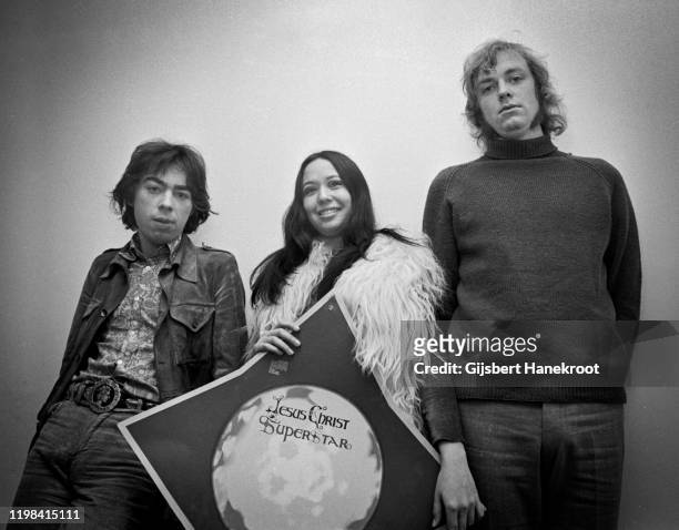 Andrew Lloyd Webber, Yvonne Elliman and Tim Rice promoting the musical 'Jesus Christ Superstar', London, 1970.
