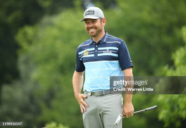 Louis Oosthuizen of South Africa reacts on the 18th green during Day 1 of the South African Open at Randpark Golf Club on January 09, 2020 in...