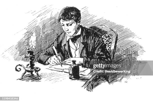 boy writing letter with ink and pen and candlelight - candlelight stock illustrations