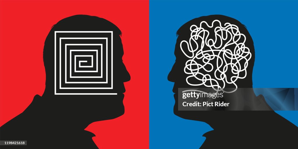 Concept pitting a rational mind against confused thinking by showing two men face to face.
