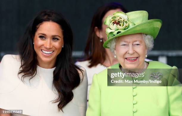 Meghan, Duchess of Sussex and Queen Elizabeth II attend a ceremony to open the new Mersey Gateway Bridge on June 14, 2018 in Widnes, England. Meghan...