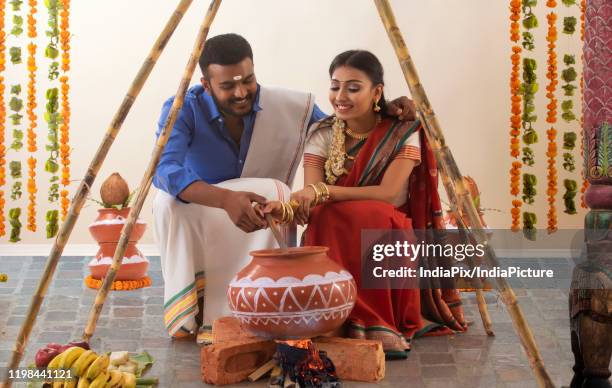 husband and wife celebrating pongal - pongal festival stock-fotos und bilder