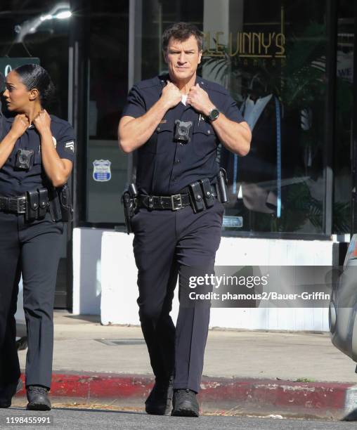 Nathan Fillion is seen on the set of 'The Rookie' on February 03, 2020 in Los Angeles, California.