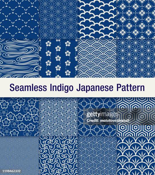 ilustraciones, imágenes clip art, dibujos animados e iconos de stock de conjunto de patrones sin costura japonés índigo - pattern
