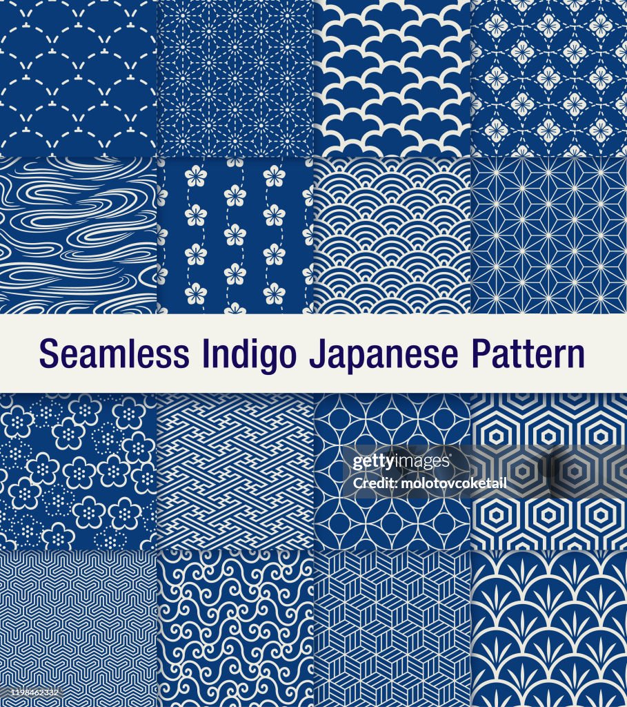 Indigo japanese seamless pattern set