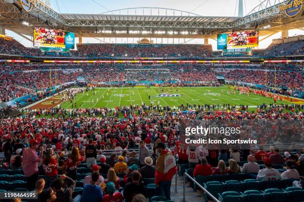 General view of the fans in the stadium before the NFL Super Bowl LIV game between the Kansas City Chiefs and the San Francisco 49ers at the Hard...