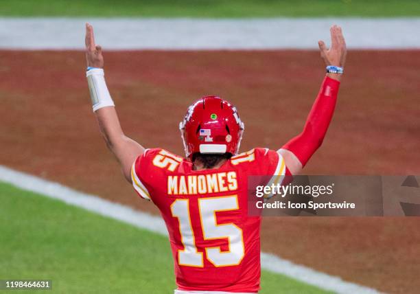 Kansas City Chiefs Quarterback Patrick Mahomes signals a touchdown during the NFL Super Bowl LIV game between the Kansas City Chiefs and the San...