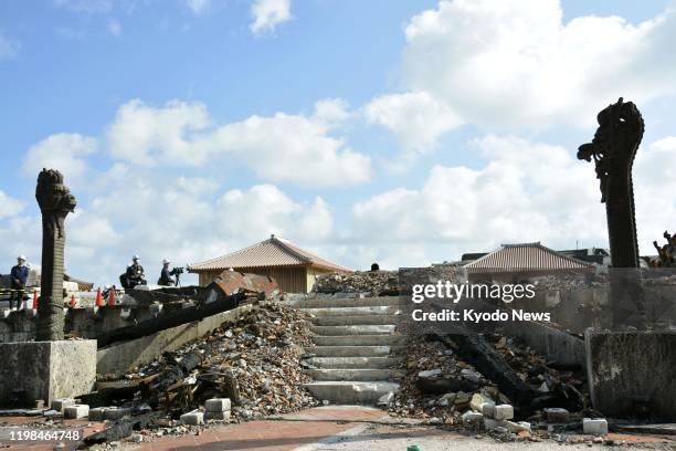 Shuri Castle in Naha, Okinawa Prefecture, southern Japan, is opened to the media on Feb. 4, 2020. The main buildings at the World Heritage site were...
