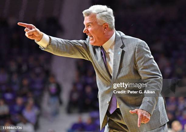 Head coach Bruce Weber of the Kansas State Wildcats calls out instructions during the first half against the Baylor Bears at Bramlage Coliseum on...
