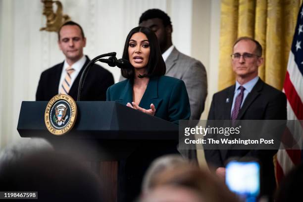 Kim Kardashian speaks with President Donald J. Trump at an event on promoting second chance hiring to ensure Americans have opportunities to succeed...