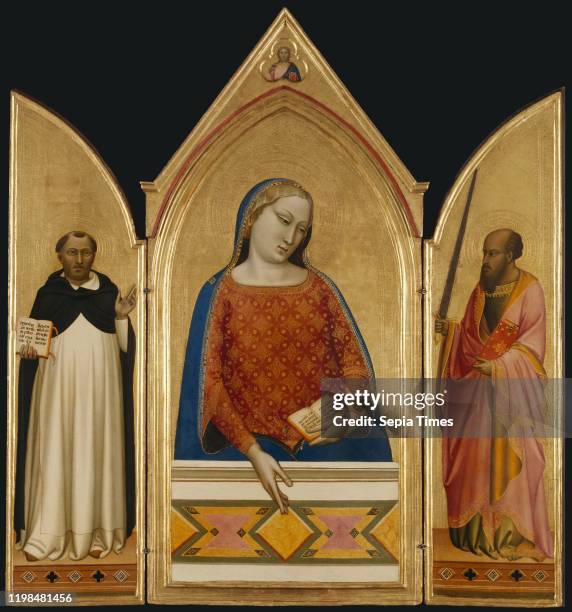 Madonna. Saint Thomas Aquinas. And Saint Paul. Bernardo Daddi . Florence. Tuscany. Italy. About 1335. Tempera and gold leaf on panel. Framed outer...