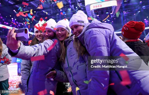 Athlets of Australia celebrate after the Opening Ceremony of the Lausanne 2020 Winter Youth Olympic Games at Vaudoise Arena on January 09, 2020 in...