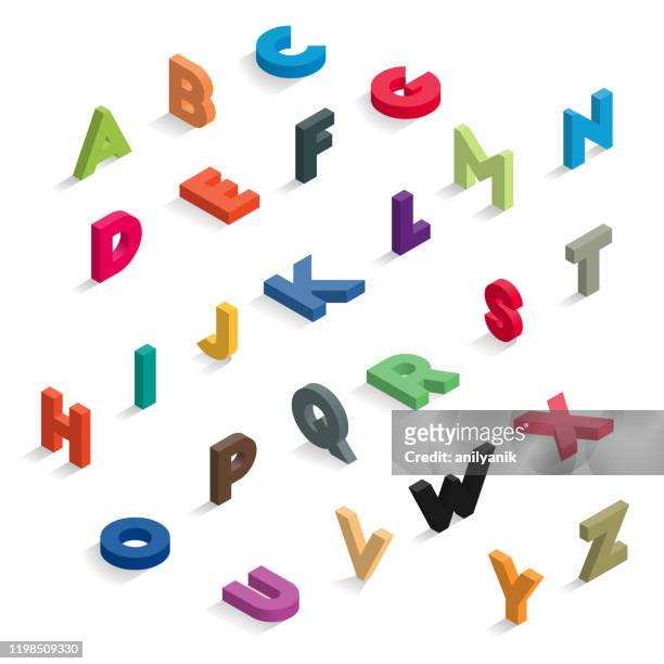 ilustraciones, imágenes clip art, dibujos animados e iconos de stock de letras de color isométricas - alfabeto