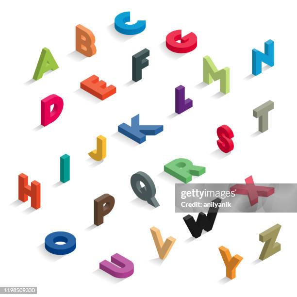 illustrazioni stock, clip art, cartoni animati e icone di tendenza di lettere a colori isometriche - testo