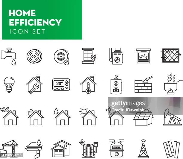 set von home efficiency icon in dünner linie stil - schmelzen stock-grafiken, -clipart, -cartoons und -symbole