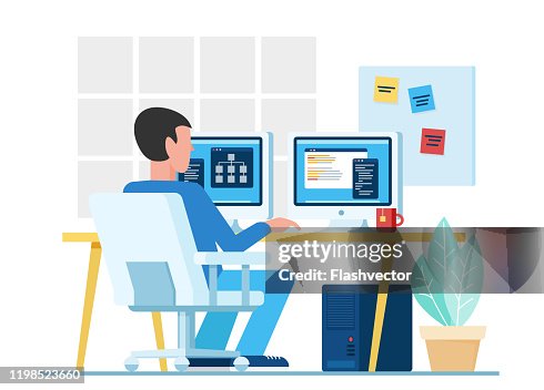 Male Coder Male Programmer Using Computers With Two Monitors While ...