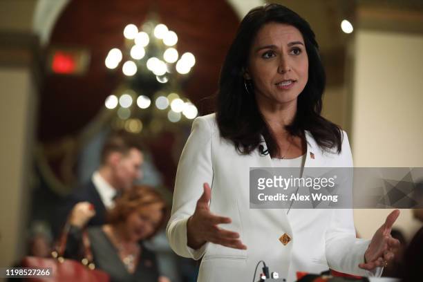 Democratic Presidential hopeful Rep. Tulsi Gabbard participates in a TV interview at the U.S. Capitol January 9, 2020 in Washington, DC. The House...