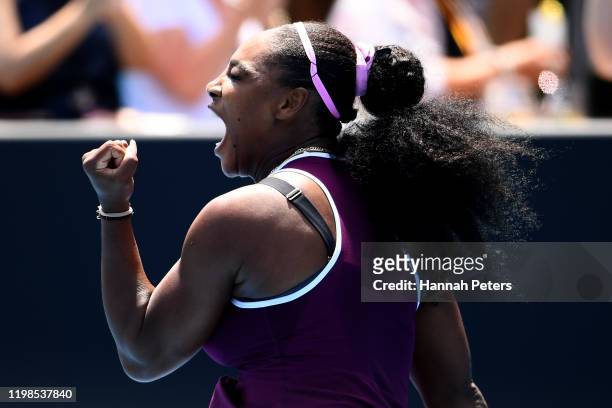 Serena Williams of the USA celebrates after winning point during her quarter final match against Laura Siegemund of Germany during day five of the...