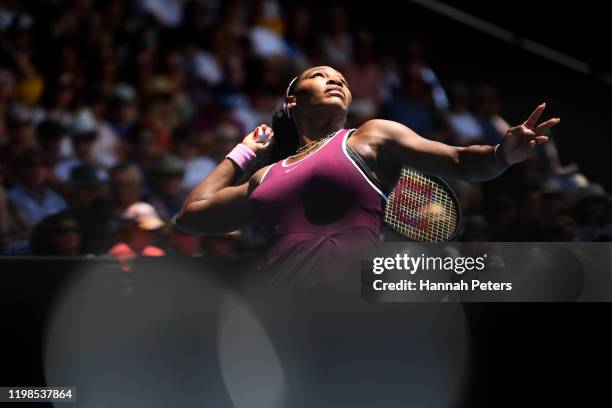 Serena Williams of the USA serves during her quarter final match against Laura Siegemund of Germany during day five of the 2020 Women's ASB Classic...