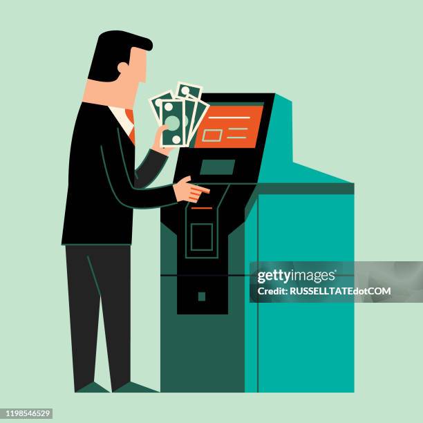 ilustraciones, imágenes clip art, dibujos animados e iconos de stock de atm man - mostrador