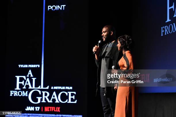 Tyler Perry and Crystal Fox onstage during Tyler Perry's "A Fall From Grace" VIP Screening at SCAD Show on January 09, 2020 in Atlanta, Georgia.