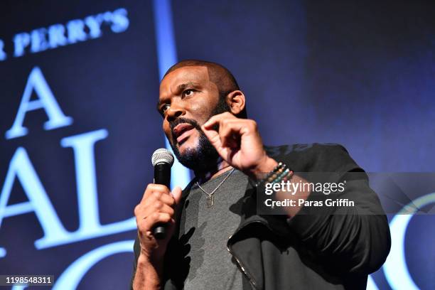 Tyler Perry speaks onstage during Tyler Perry's "A Fall From Grace" VIP Screening at SCAD Show on January 09, 2020 in Atlanta, Georgia.