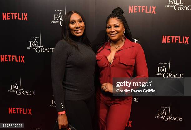 Towanda Braxton and Trina Braxton attend Tyler Perry's "A Fall From Grace" VIP Screening at SCAD Show on January 09, 2020 in Atlanta, Georgia.