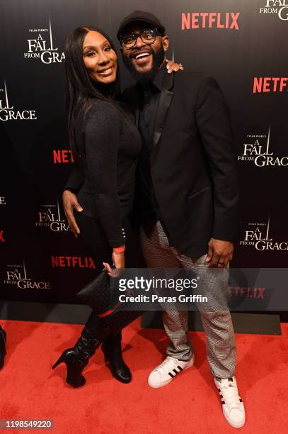 Towanda Braxton and guest attend Tyler Perry's "A Fall From Grace" VIP Screening at SCAD Show on January 09, 2020 in Atlanta, Georgia.