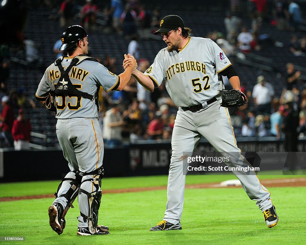 Joe Hanaran Michael McKenry and Joel Hanrahan of the Pittsburgh Pirates celebrate ...