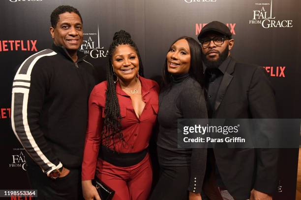 Von Scales, Trina Braxton-Scales, Towanda Braxton, and guest attend Tyler Perry's "A Fall From Grace" VIP Screening at SCAD Show on January 09, 2020...