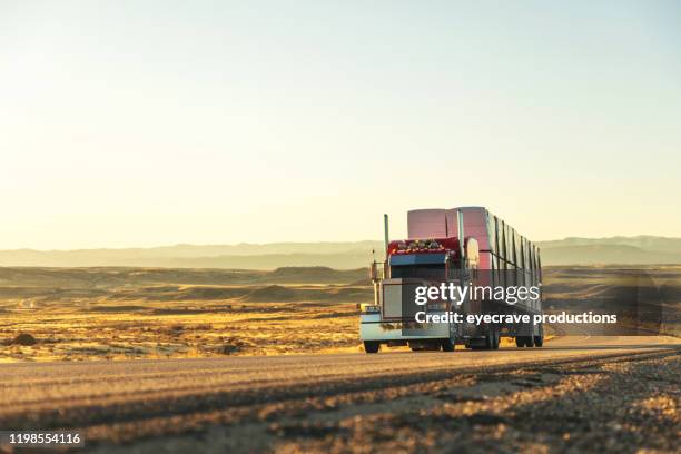 cargo transport long haul semi truck on a rural western usa interstate highway - truck front view stock pictures, royalty-free photos & images