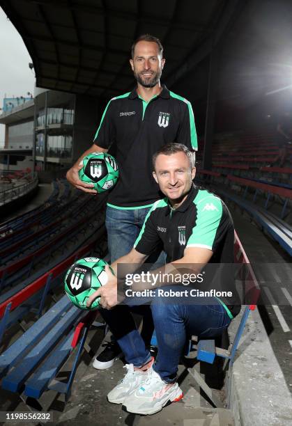 Besart Berisha and Andrew Durante of Western United, pose during a joint Melbourne United and Western Bulldogs media opportunity to announce Western...