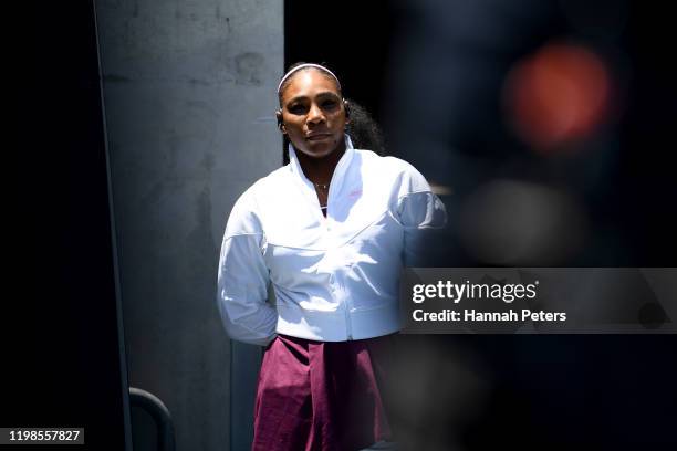 Serena Williams of the USA waits for her quarter final match against Laura Siegemund of Germany during day five of the 2020 Women's ASB Classic at...