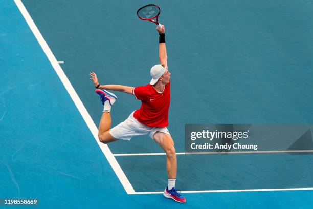 Denis Shapovalov of Canada plays a backhand during his quarter final singles match against Novak Djokovic of Serbia during day eight of the 2020 ATP...