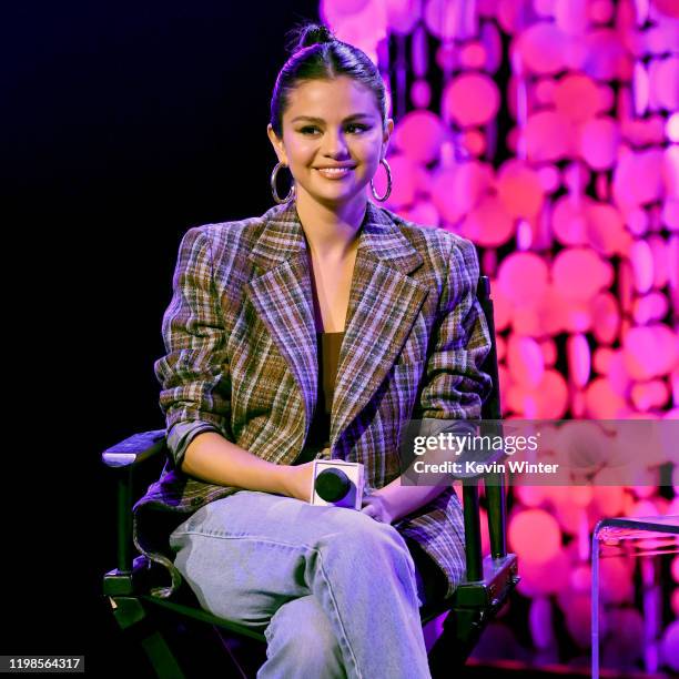 Selena Gomez speaks on stage at the iHeartRadio Album Release Party with Selena Gomez at iHeartRadio Theater on January 09, 2020 in Burbank,...